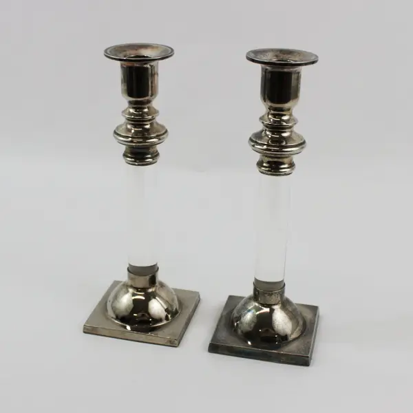 Pair Lucite And  Silver Plate Taper Candle Holders 9.5 Inch