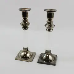 Pair Lucite And  Silver Plate Taper Candle Holders 9.5 Inch