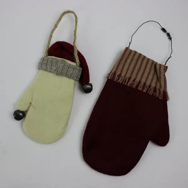 Lot of 2 Handmade Christmas Ornaments Snowman Mitten Stocking Felt