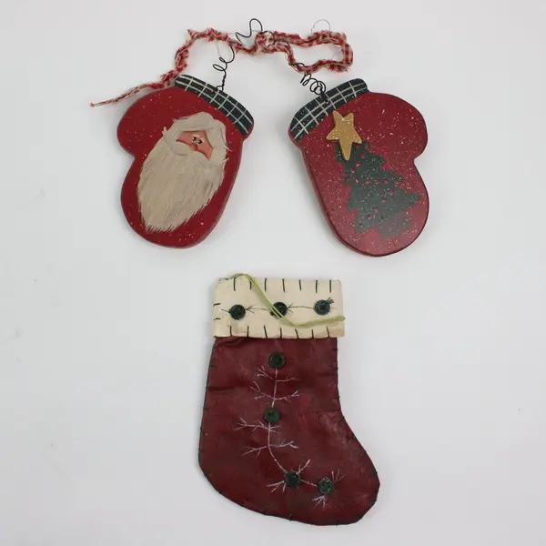 Lot of 3 Santa Christmas Ornaments Stocking Mitten Folk Art