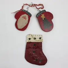 Lot of 3 Santa Christmas Ornaments Stocking Mitten Folk Art