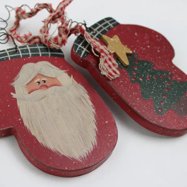 Lot of 3 Santa Christmas Ornaments Stocking Mitten Folk Art