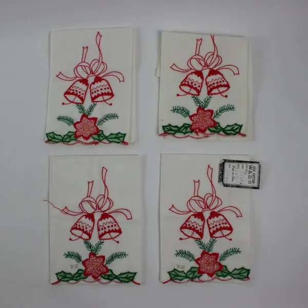 Set of 4 Embroidered Christmas Bells Cloth Napkins 12 x 18 100% Cotton