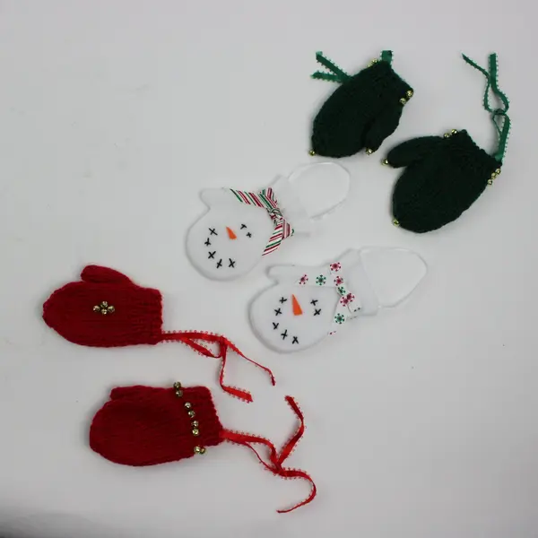 Set of 6 Christmas Ornaments Red Green Mittens White Snowmen