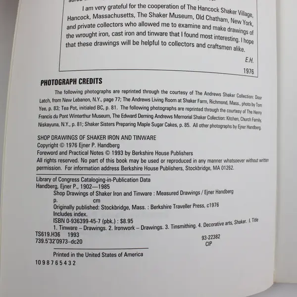 Shop Drawings of Shaker Iron & Tinware by Ejner Handberg 1993 Paperback Book