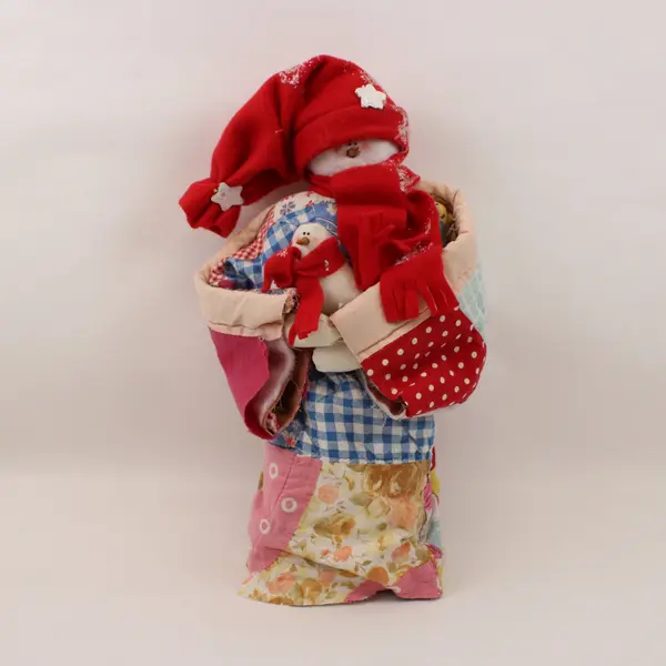 Snowman Christmas Figurine Red Hat Scarf Patchwork Basket Decoration