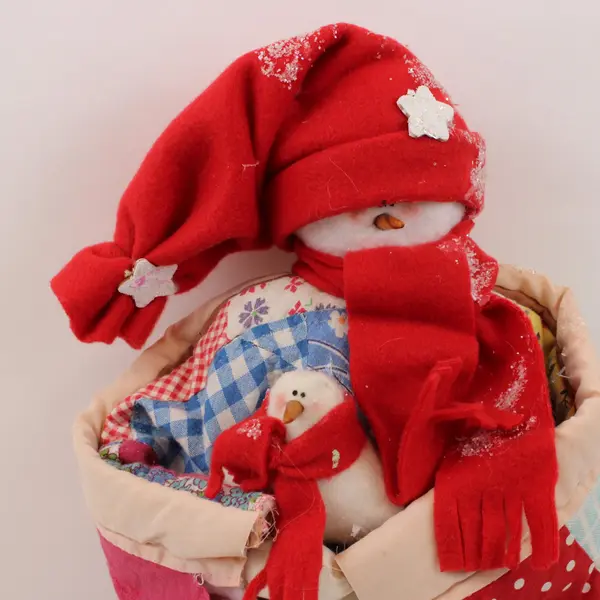 Snowman Christmas Figurine Red Hat Scarf Patchwork Basket Decoration