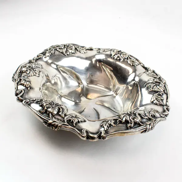 Art Nouveau Floral Silverplate Bowl 11in Ornate Raised Border