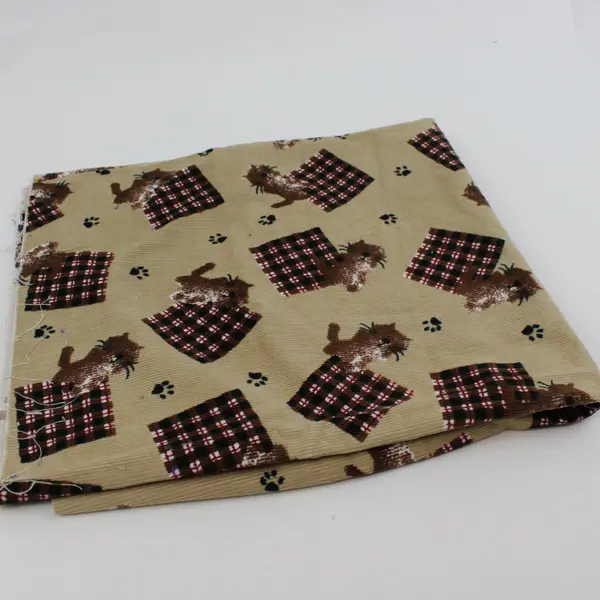 Tan Beige Corduroy Cat Print Fabric 23 x 41in Craft Sewing