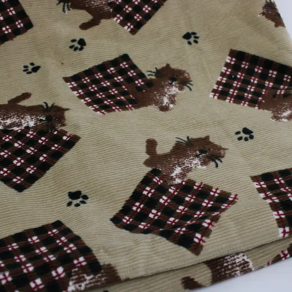 Tan Beige Corduroy Cat Print Fabric 23 x 41in Craft Sewing