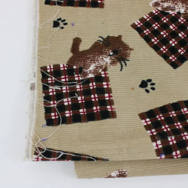 Tan Beige Corduroy Cat Print Fabric 23 x 41in Craft Sewing