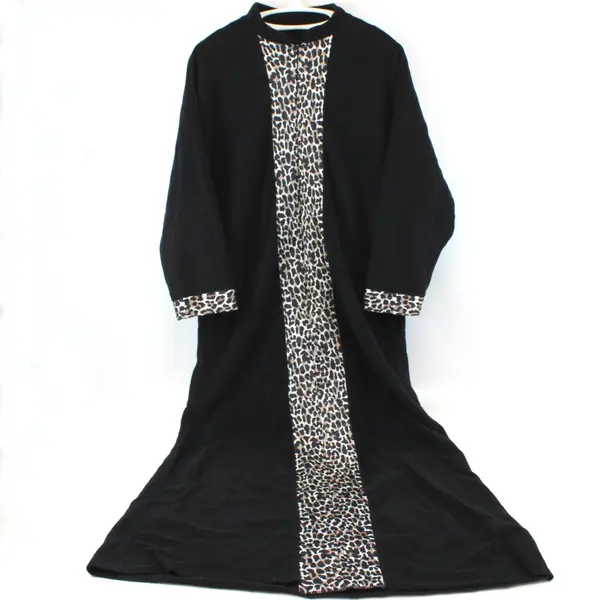Vtg Vanity Fair Outlet Women's Long Robe Black Leopard Trim Zip Front 3/4 Sleeve