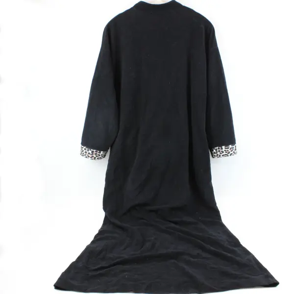 Vtg Vanity Fair Outlet Women's Long Robe Black Leopard Trim Zip Front 3/4 Sleeve