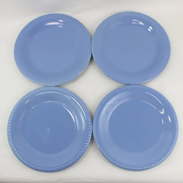 Set of 4 Blue Dinner Plates with Decorative Beaded Rim 10.5"