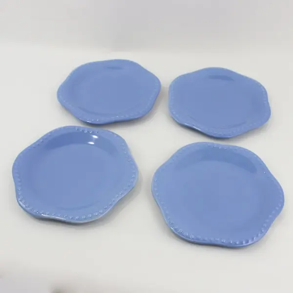 Set of 4 Blue Hexagon Salad Plates Beaded Rim 8 in