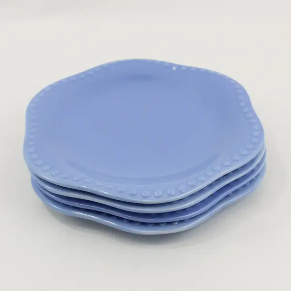 Set of 4 Blue Hexagon Salad Plates Beaded Rim 8 in