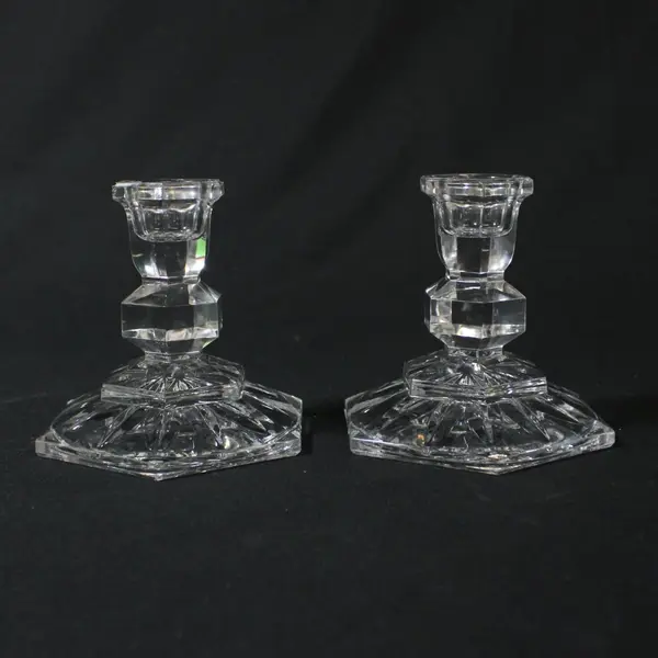Set of 4 Crystal Hexagon Base Taper Candle Holders 3in