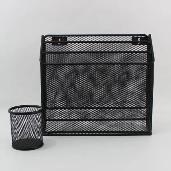  Wall Mount Wire Mesh File Organizer Black Multi-Compartment and Pencil Holder