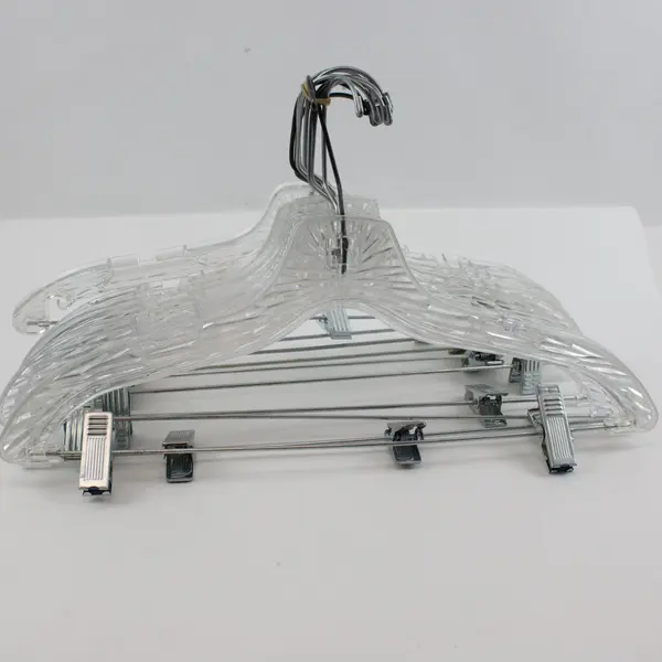 Lot of 10 Clear Plastic Clothes Hangers with Metal Clips