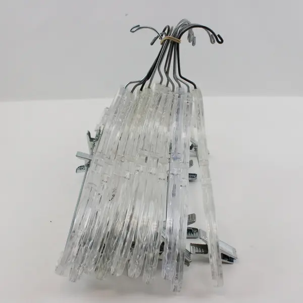 Lot of 10 Clear Plastic Clothes Hangers with Metal Clips