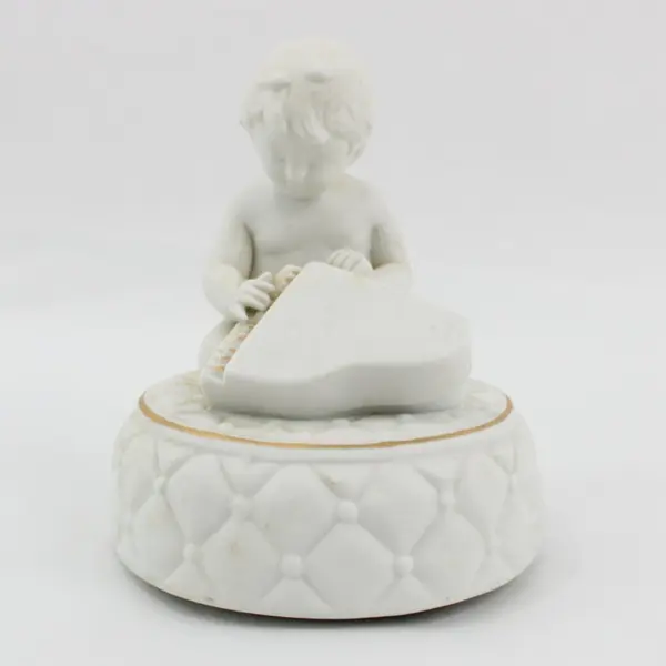Vintage Schmid Japan Bisque Baby at Piano Music Box Working Lullaby