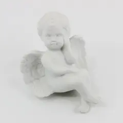 White Ceramic Cherub Figurine Listening Thinking Shelf Decor 5in