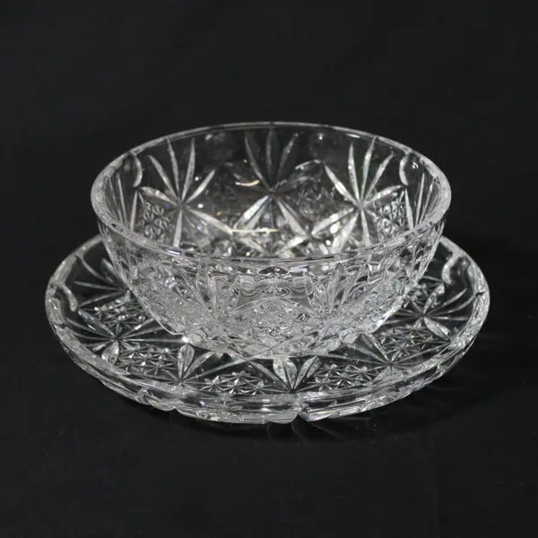 Unmarked Clear Pressed Glass Fruit Bowl Bread Plate Set Starburst Diamond