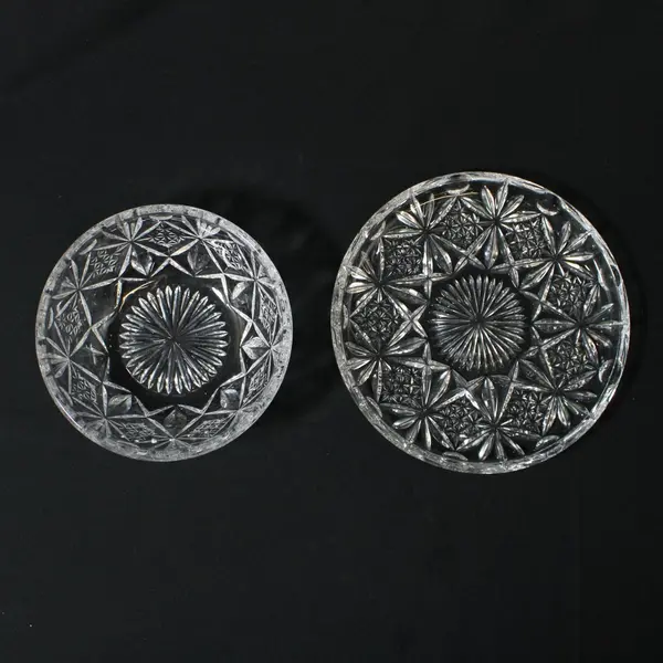 Unmarked Clear Pressed Glass Fruit Bowl Bread Plate Set Starburst Diamond