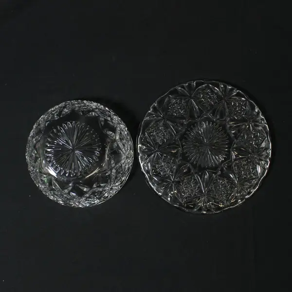 Unmarked Clear Pressed Glass Fruit Bowl Bread Plate Set Starburst Diamond