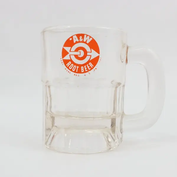 A&W Root Beer Child's Mini Mug Clear Glass Orange Bullseye Logo 3.25in