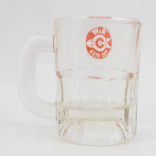 A&W Root Beer Child's Mini Mug Clear Glass Orange Bullseye Logo 3.25in