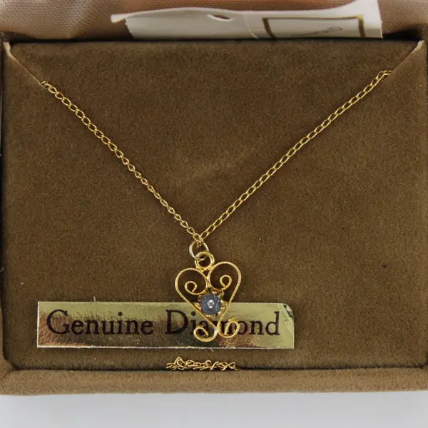 12K Gold Filled Genuine Diamond Heart Filigree Pendant Necklace