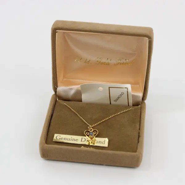 12K Gold Filled Genuine Diamond Heart Filigree Pendant Necklace