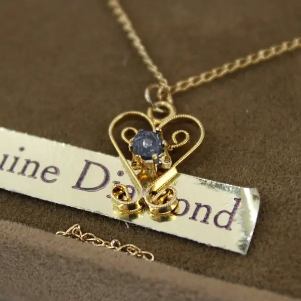 12K Gold Filled Genuine Diamond Heart Filigree Pendant Necklace