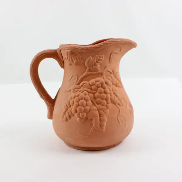 Stoneware Grape Pitcher Terracotta Orange Embossed Glazed