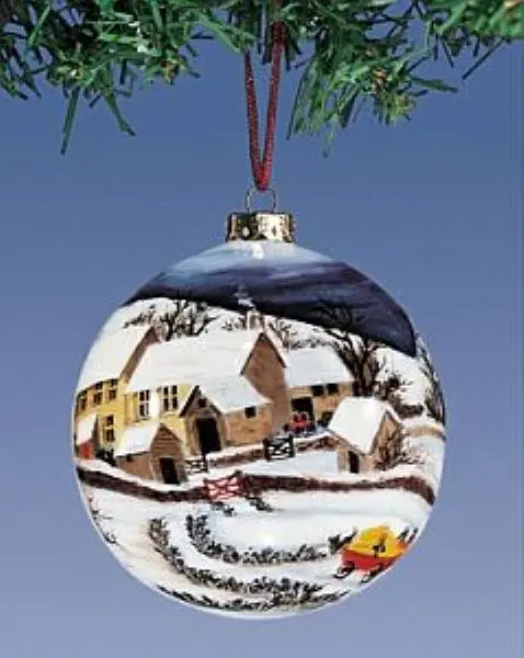 Figi Inside Art  Winter Hillside Hand Painted Glass Christmas Ornament 2.5"