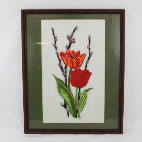 Framed Handmade Needlepoint Tapestry Tulips Pussy Willow Wall Art 21" x 17"