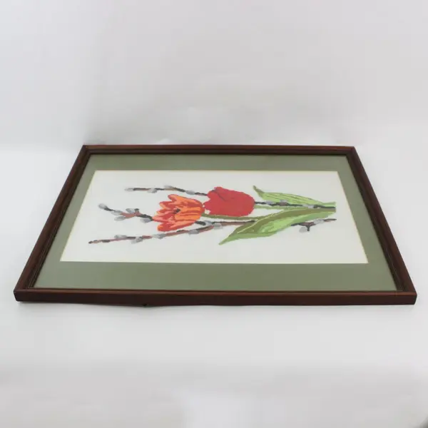 Framed Handmade Needlepoint Tapestry Tulips Pussy Willow Wall Art 21" x 17"