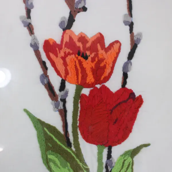 Framed Handmade Needlepoint Tapestry Tulips Pussy Willow Wall Art 21" x 17"