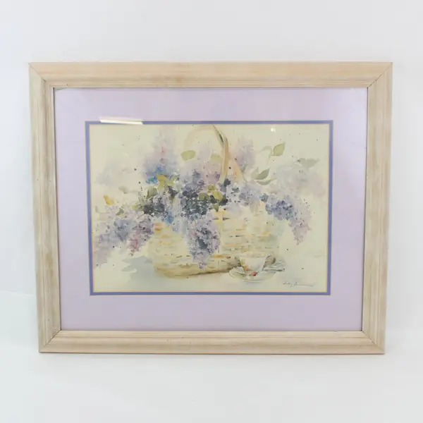 1987 Judy Buswell Watercolor Print Basket of Lilacs Framed and Matted 19" x 23"