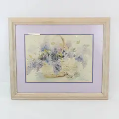 1987 Judy Buswell Watercolor Print Basket of Lilacs Framed and Matted 19" x 23"