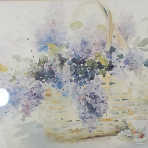 1987 Judy Buswell Watercolor Print Basket of Lilacs Framed and Matted 19" x 23"