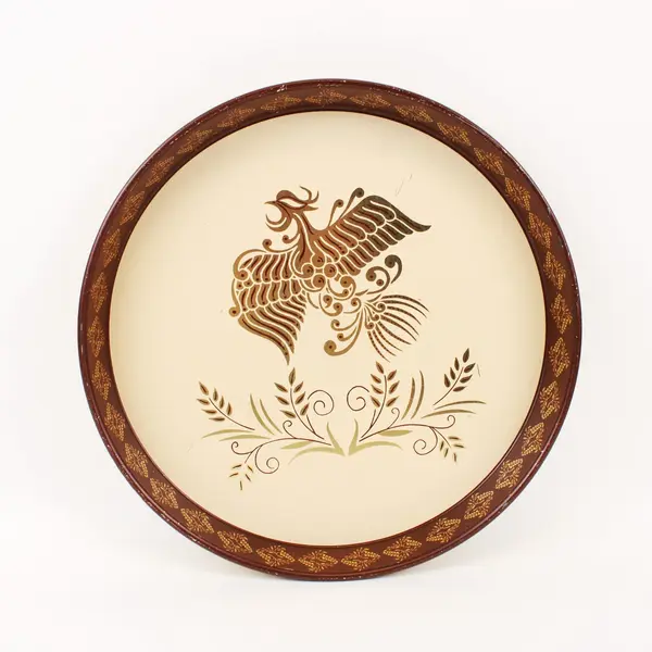 Vintage 1970s Round Metal Tray Brown Gold Floral Bird 12 Inch