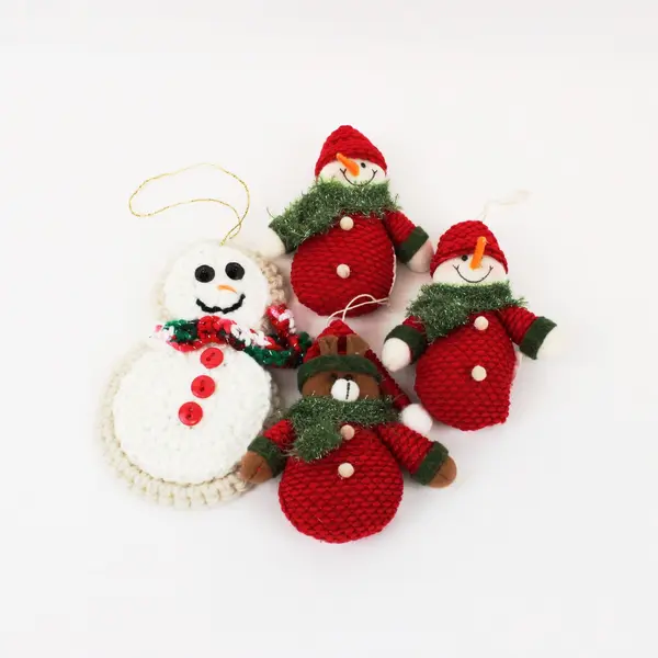 Crocheted Christmas Ornaments Set of 4, 3 Snowmen & 1 Bear Handmade