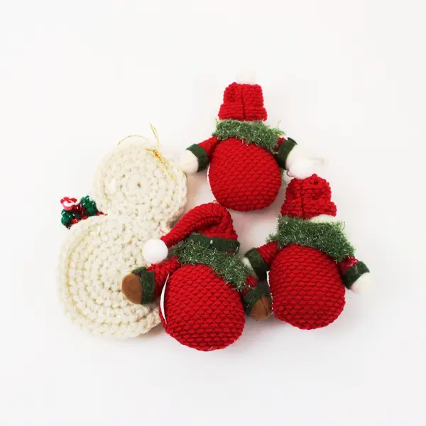 Crocheted Christmas Ornaments Set of 4, 3 Snowmen & 1 Bear Handmade