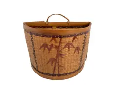 Vintage Woven Rattan Hanging Pocket Basket Oriental Style Good Condition