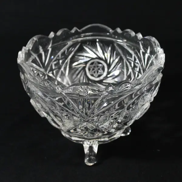 Vintage American Brilliant Period 3 Footed Cut Crystal Bowl Star of David