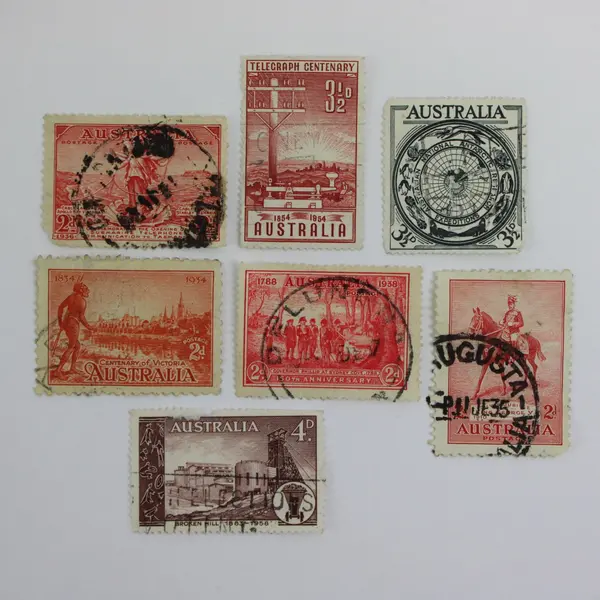 Lot of 7 Used Australian Pre-Decimal Stamps 1934–1958 Telegraph Centenary