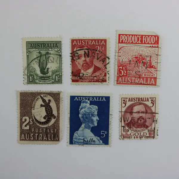 Lot of 6 Used Australian Postage Stamps 1948–1961 Lyrebird Produce Food