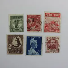 Lot of 6 Used Australian Postage Stamps 1948–1961 Lyrebird Produce Food